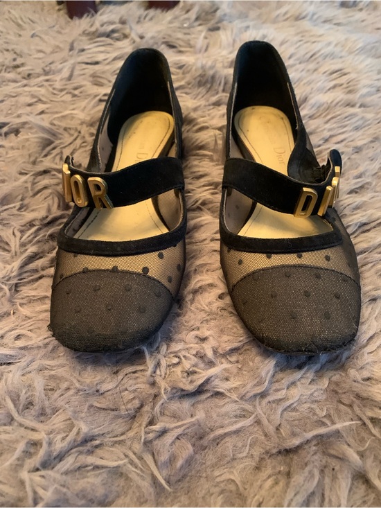 Dior Shoes - Dior Black Mesh Mary Jane Flats with Gold Lettering